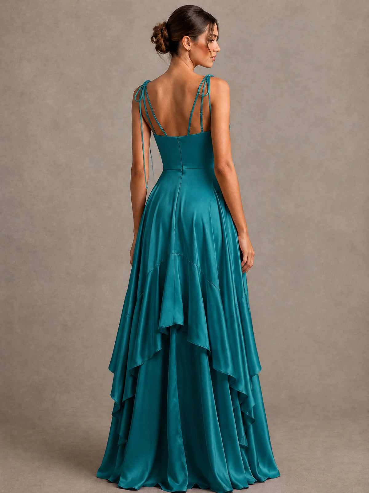 Lavender Satin V-Neck Ruffle Maxi Dress