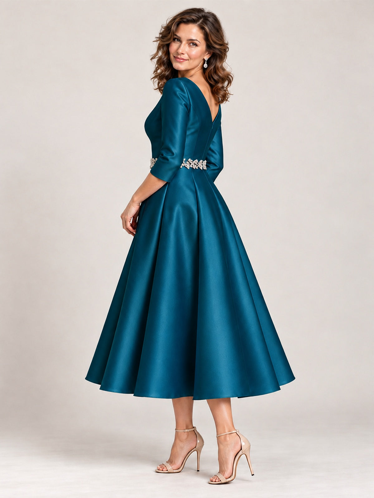 V-Neck Tea-Length Mother of the Bride Dress with Embellished Waist