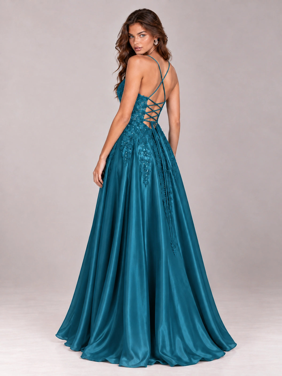 Lace Applique Satin A-Line Prom Dress with Sheer Bodice