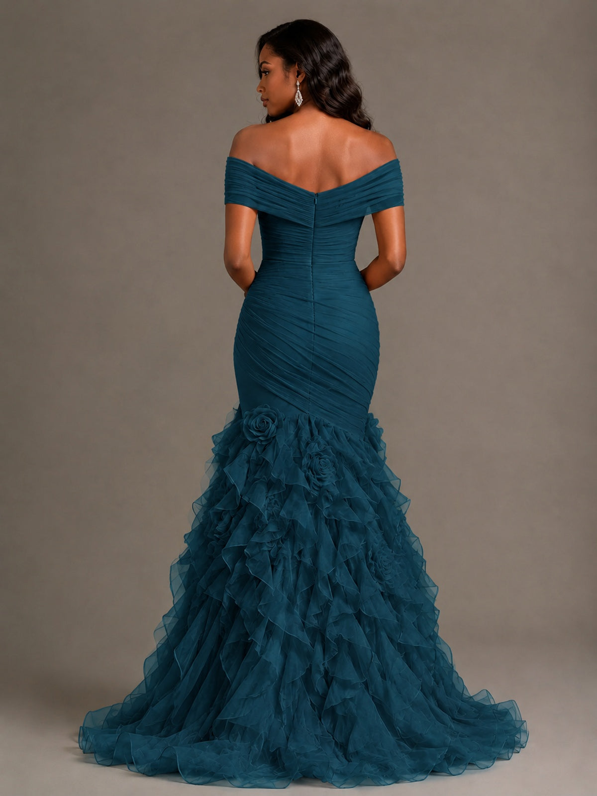 Pink Off-the-Shoulder Mermaid Prom Dress with Ruffles 3D Flowers
