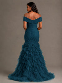 Pink Off-the-Shoulder Mermaid Prom Dress with Ruffles 3D Flowers