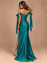 Off The Shuolder Satin Prom Dress Slit Mermaid Formal Gowns