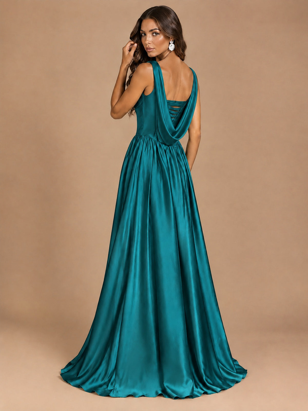 Cowl Neck Pleated Satin Prom Dress with Pockets & Slit Maxi Formal Gowns