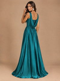 Cowl Neck Pleated Satin Prom Dress with Pockets & Slit Maxi Formal Gowns