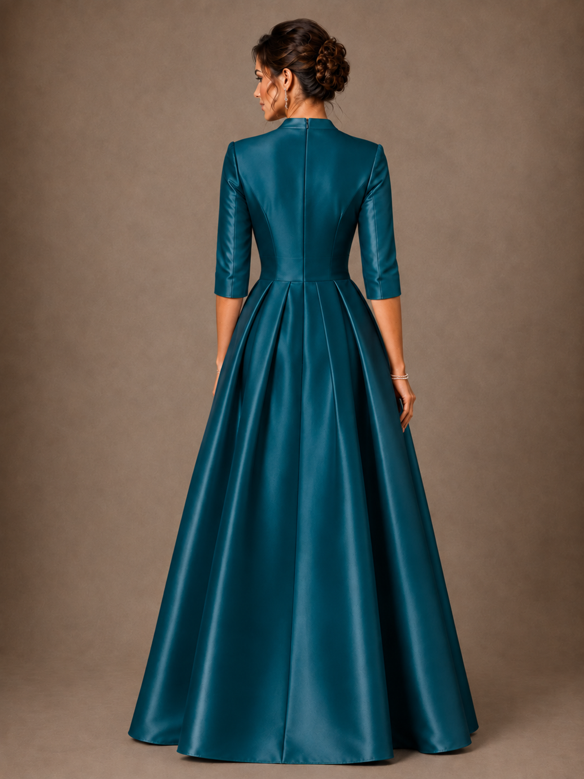 V-Neck Pleated Satin Mother of the Bride Gown with 3/4 Sleeves