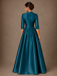 V-Neck Pleated Satin Mother of the Bride Gown with 3/4 Sleeves