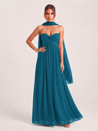 Strapless Ruched Chiffon Long Prom Dress with Scarf