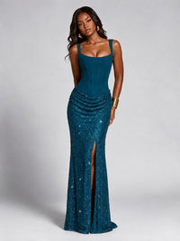 Sequin Corset Mermaid Prom Dress with Square Neck Wide Strap High Slit