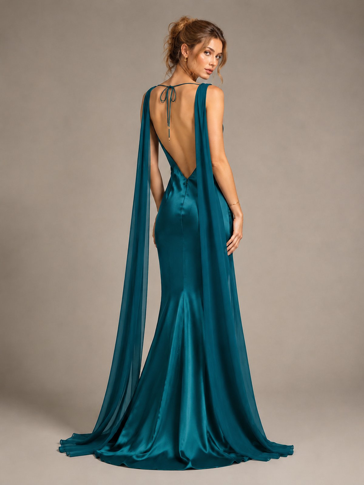 Burgundy Satin Mermaid Cape Maxi Dress