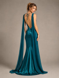 Burgundy Satin Mermaid Cape Maxi Dress