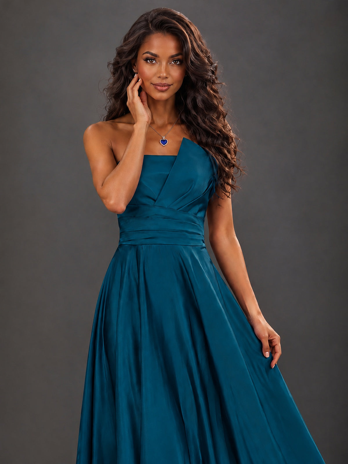 Draped Satin Prom Dress Strapless A-line Formal Dress Floor Length