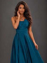 Draped Satin Prom Dress Strapless A-line Formal Dress Floor Length