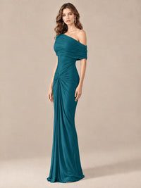 Elegant Draped Off Shoulder Ruched Mermaid Chiffon Formal Evening Gown