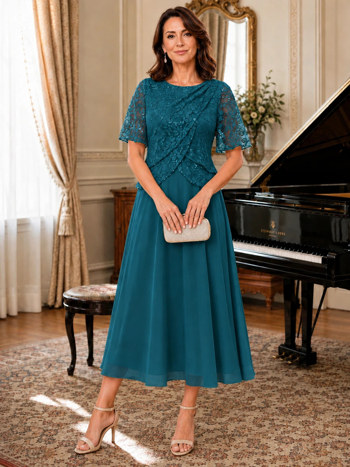 Tea-Length Chiffon Mother of the Bride Dress with Sequin Lace Sleeves