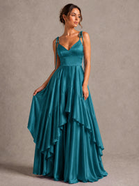 Lavender Satin V-Neck Ruffle Maxi Dress