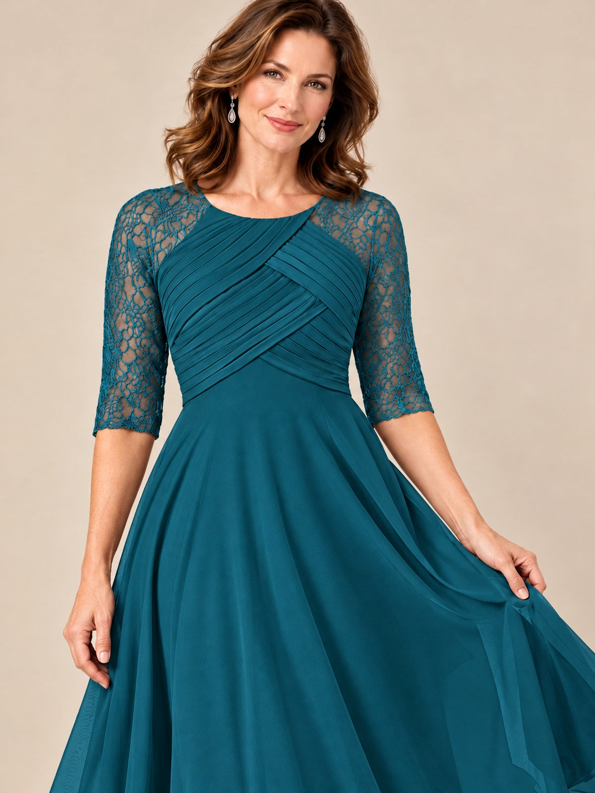 Tea-Length Mother of the Bride Dress with Lace 3/4 Sleeves