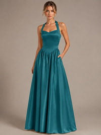 Light Yellow Halter Neck Satin A-Line Maxi Dress with Pockets
