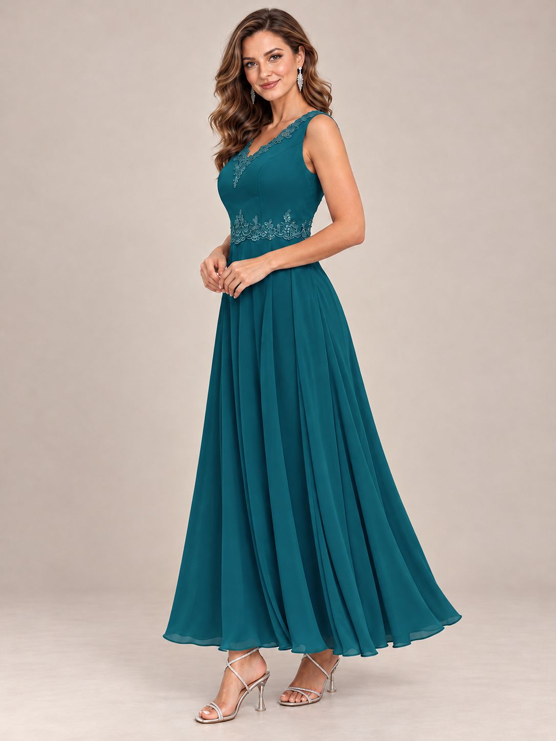 Dusty Blue Floral Lace Chiffon Mother of the Bride Dress with Jacket