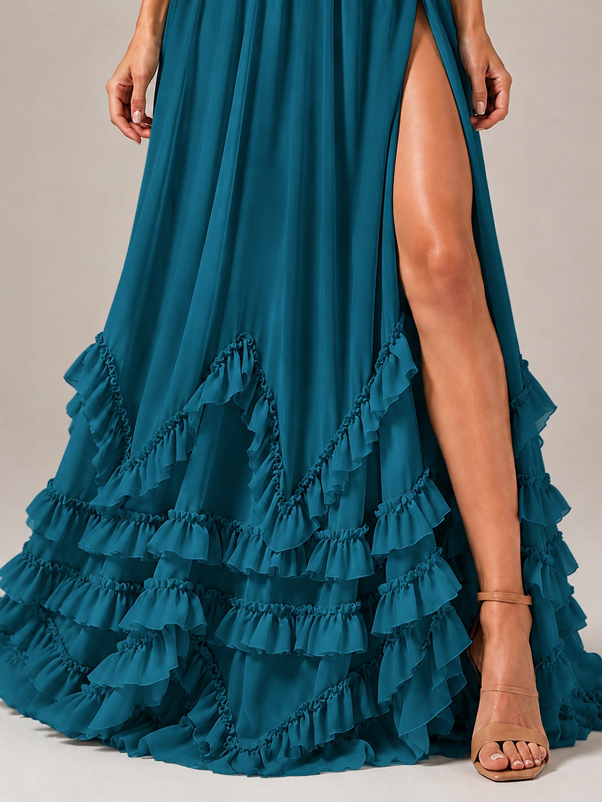 Halter V Neck Chiffon Formal Dress with Lace-Up Back and Ruffle Hem
