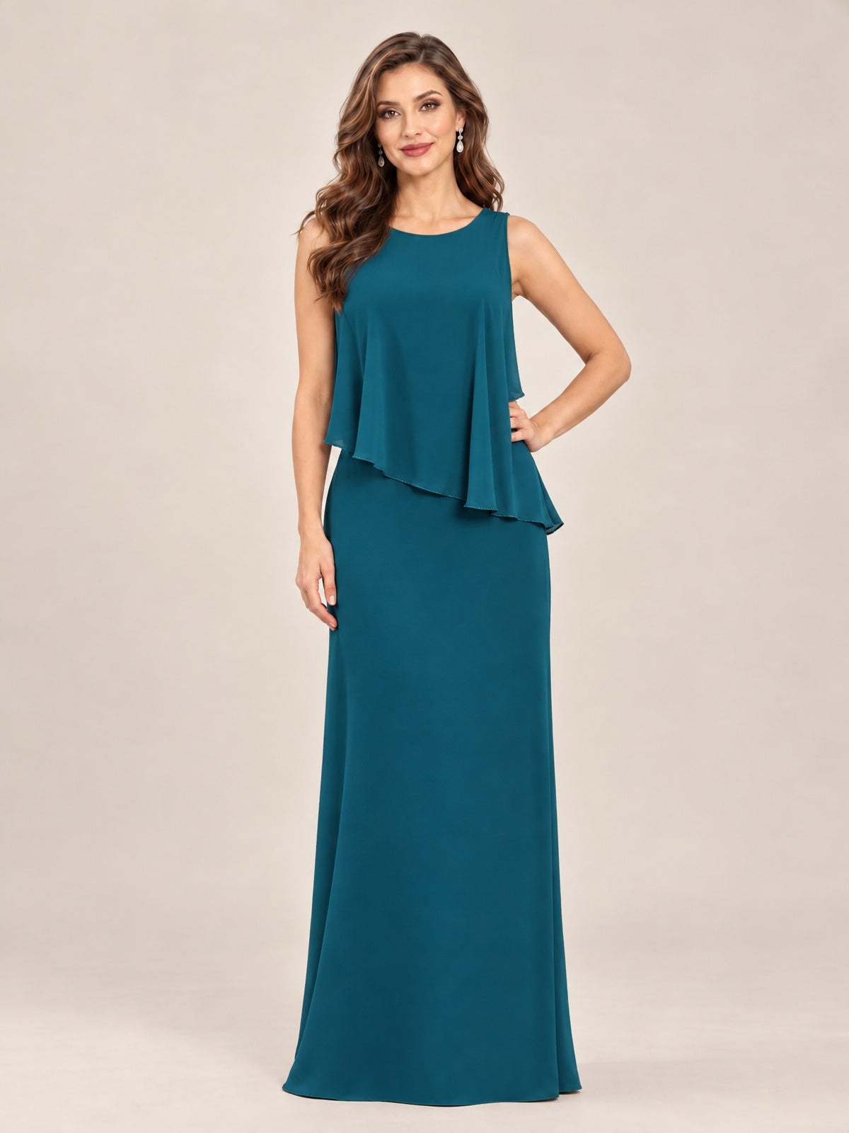Cape Sleeve Mother of the Bride Dress with Asymmetrical Overlay