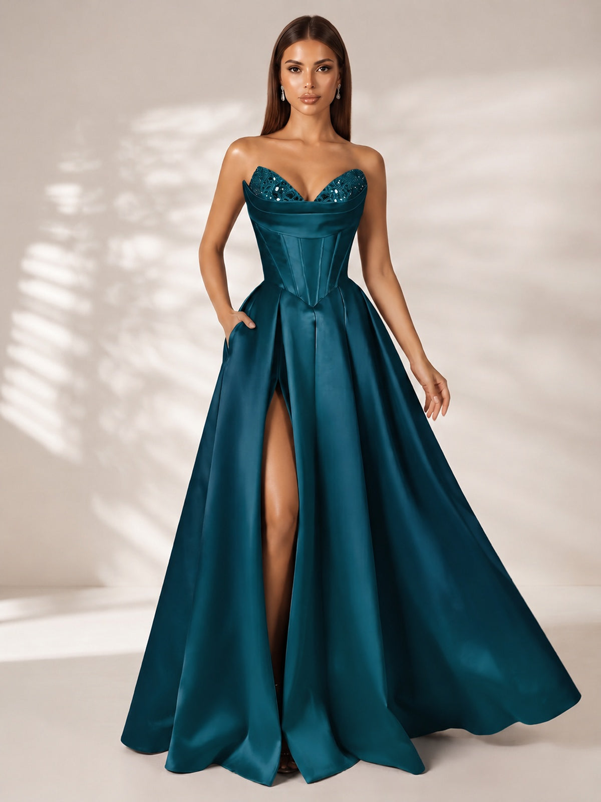 Strapless Corset Satin Prom Dress Long Evening Gown with High Slit