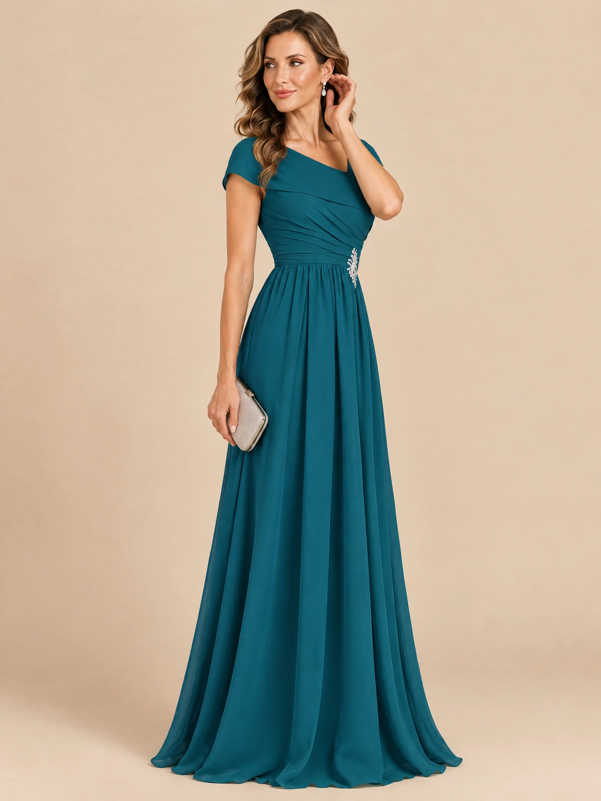 Cap Sleeve Mother of The Bride Dresses Long Chiffon Formal Gowns
