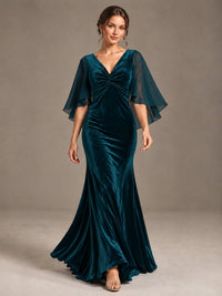 Navy Blue Velvet V Neck Mermaid Formal Dress with Flutter Cape Sleeves