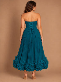 Navy Blue Strapless Pleated A-Line Midi Dress with 3D Floral Applique