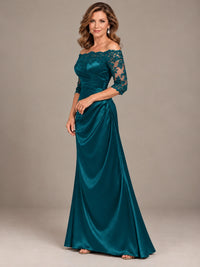 Satin Mother of the Bride Dress with Lace Sleeves Off Shoulder Formal Gown
