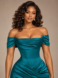 Burgundy Off-the-Shoulder Satin Corset Prom Dress with Slit