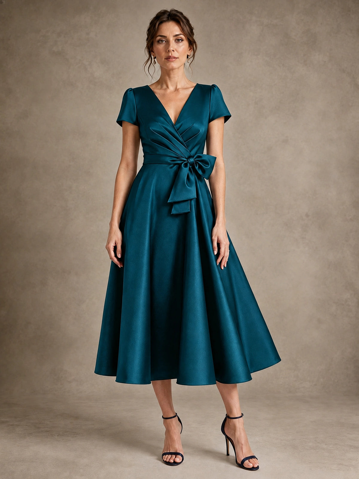 Peacock V-Neck Tea-Length Satin Mother of the Bride Dress with Bow Jovellee