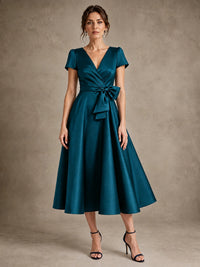 Peacock V-Neck Tea-Length Satin Mother of the Bride Dress with Bow Jovellee