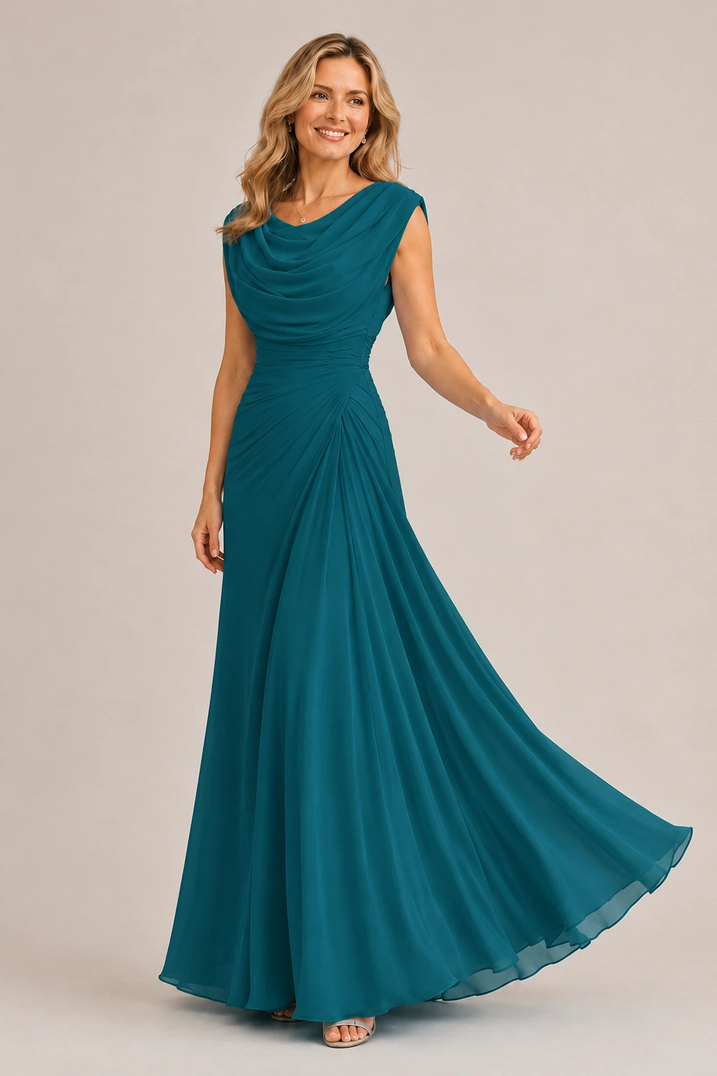 Cowl Neck Ruched Chiffon Mother of the Bride Dress