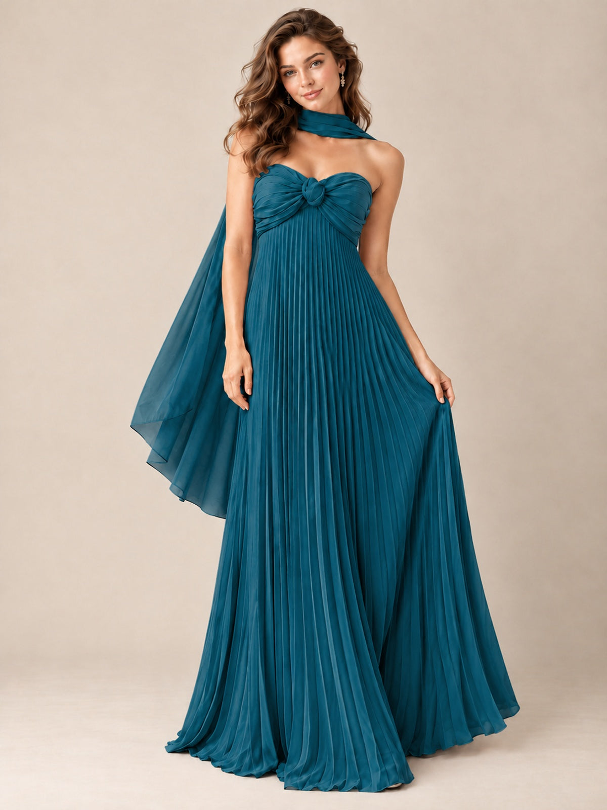 Sweetheart Neckline Pleated Prom Dress Strapless A-line Formal Dress with Flowy Scarf