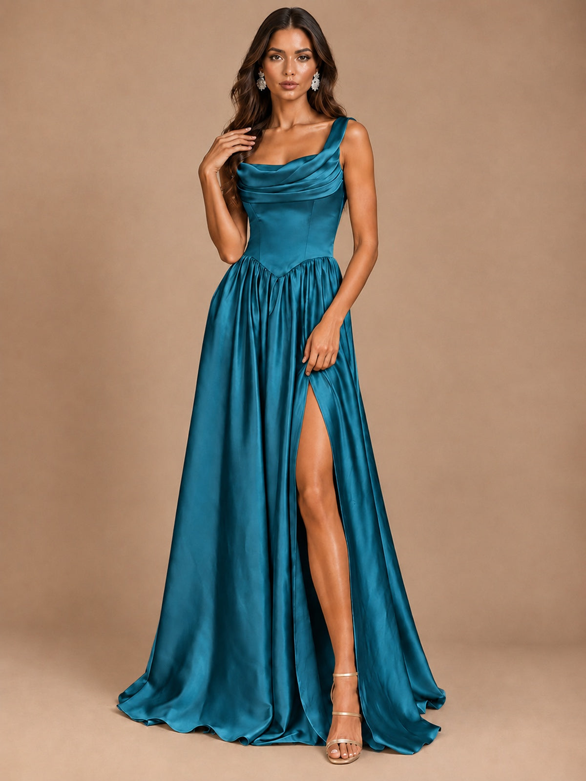 Cowl Neck Pleated Satin Prom Dress with Pockets & Slit Maxi Formal Gowns