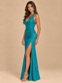 Halter V-Neck Sequin Mermaid Prom Dress with High Slit