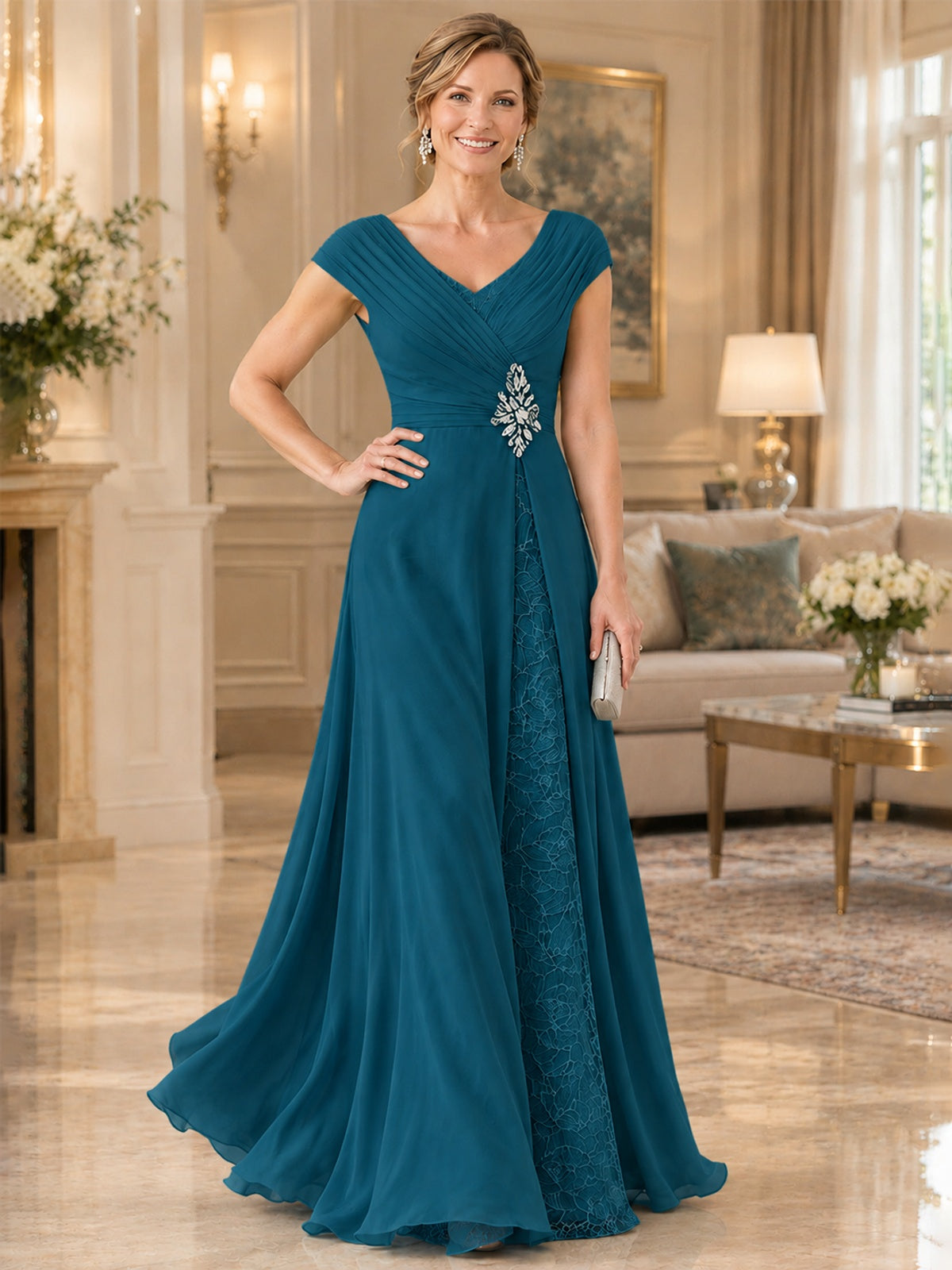 Pleated Chiffon Lace Mother of The Bride Dresses with Beading Cap Sleeves