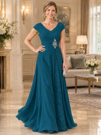 Pleated Chiffon Lace Mother of The Bride Dresses with Beading Cap Sleeves