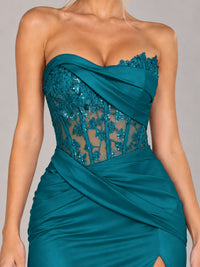 Strapless Satin Prom Dress with Sheer Lace Corset & High Slit
