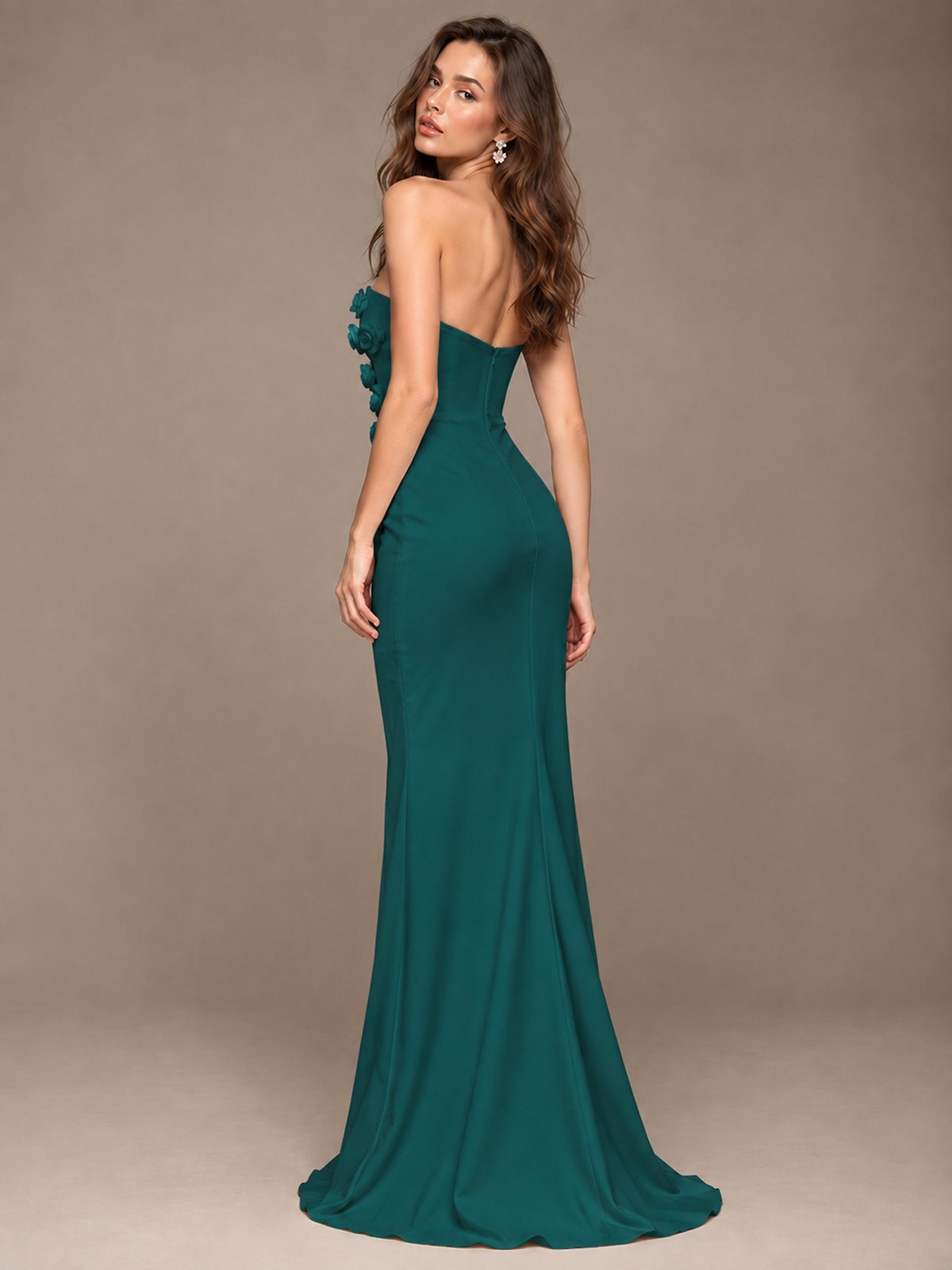 White Strapless Mermaid Maxi Dress with 3D Floral Appliques