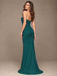 White Strapless Mermaid Maxi Dress with 3D Floral Appliques