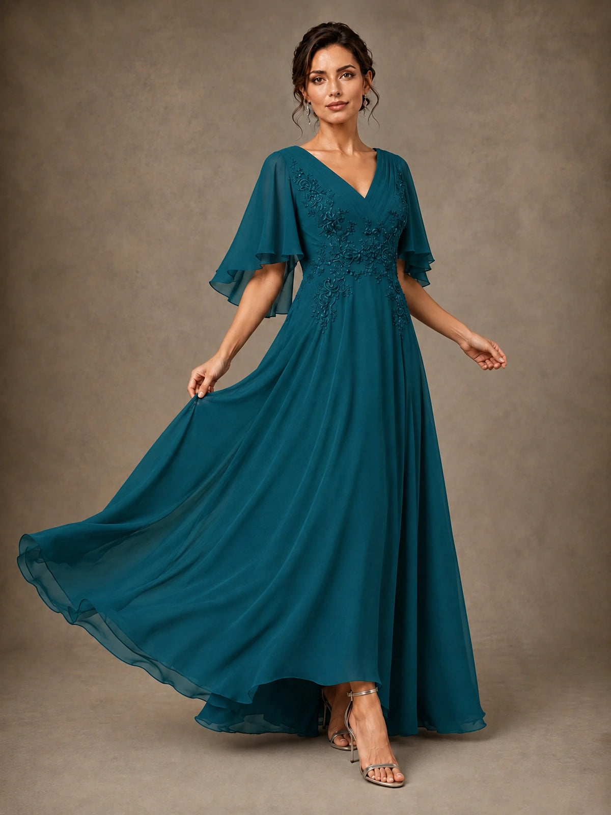 V-Neck Chiffon Lace Mother of the Bride Dress with Flutter Sleeves