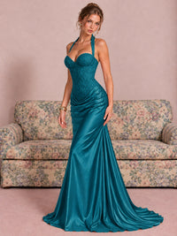 Sparkling Halter Corset Satin Mermaid Prom Dress