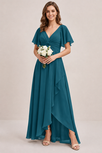 Dusty Blue Chiffon Bridesmaid Dress with Flutter Sleeves & High-Low Hem