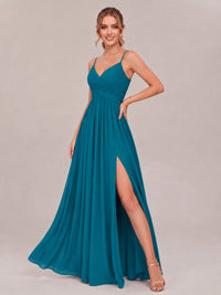 V-Neck Pleated Chiffon Long Bridesmaid Dress with Slit