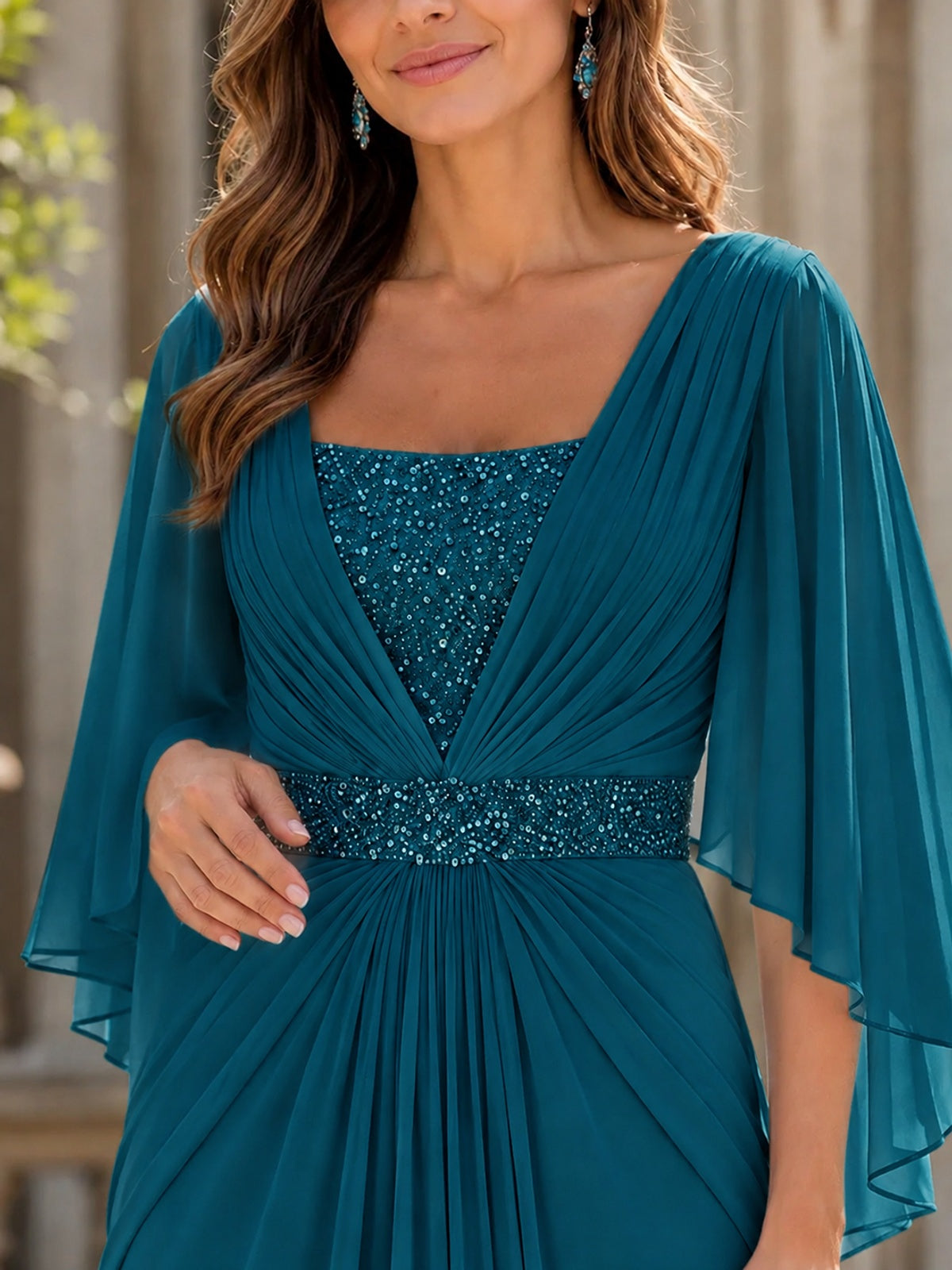 Elegant V-Neck Sequined Chiffon Mother of the Bride Dress with Flutter Sleeves