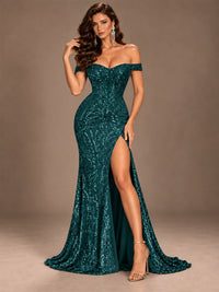 Off the Shoulder Corset Sequin Mermaid Prom Dress with Slit