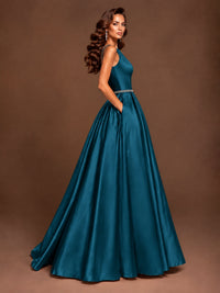 Satin A-Line Prom Dress Sleeveless Beaded Waist Formal Gown with Pockets
