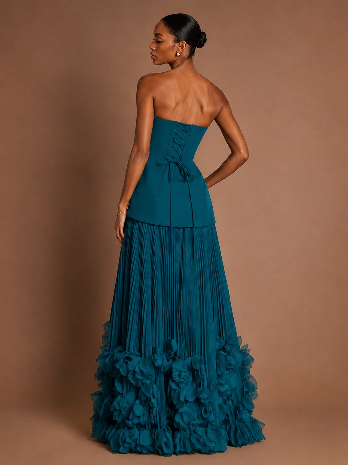 Strapless Pleated Floral Satin Formal Dress with Side Slit