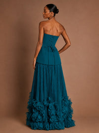 Strapless Pleated Floral Satin Formal Dress with Side Slit